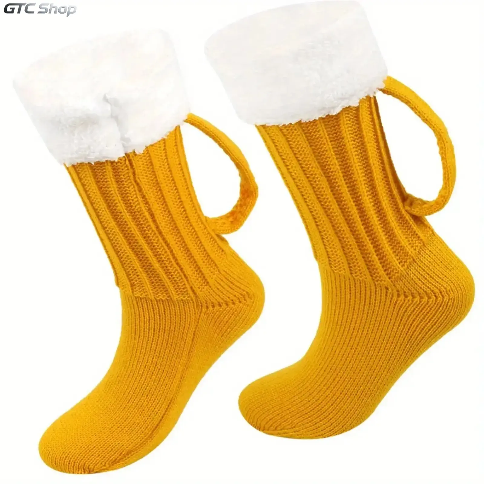 1 Pair Bright Yellow Crew Socks, Funny Beer Lover Novelty Mid-Calf Warm Socks with Built-In Easy Slip Off Loop, Unisex Festive Costume Accessories, Christmas New Year Eve Party Pub Bar Outfit, Unique Stocking Stuffer Gag Gift for Beer Enthusiasts