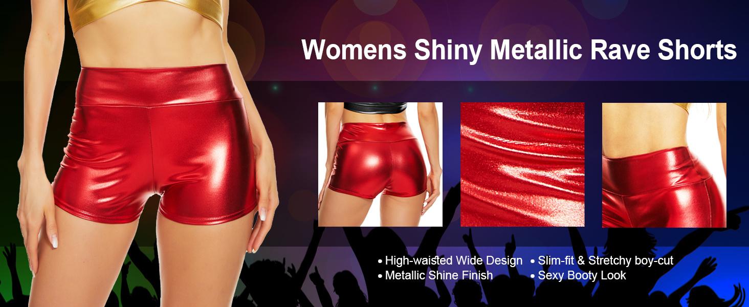 Women's Metallic Booty Shorts Shiny High Waisted Rave Bottoms for Dance Festival