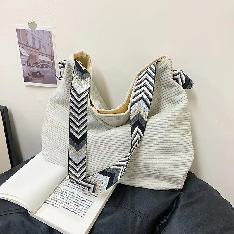 Wide Velvet Tote Bag with Striped Bow Decoration, Soft Lightweight Daily Commute Shopping Shoulder Bag, Large Capacity Tote