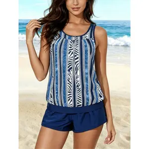 Women's Two Piece Tankini Swimsuit, Blue Vertical Stripe & Zebra Patchwork Print Scoop Neck Sleeveless Tank Top, Elastic Waist Solid Loose Swim Shorts, Full Coverage Tummy Control Conservative Sporty Swimwear for Swimming, Beach, Pool & Resort Holiday