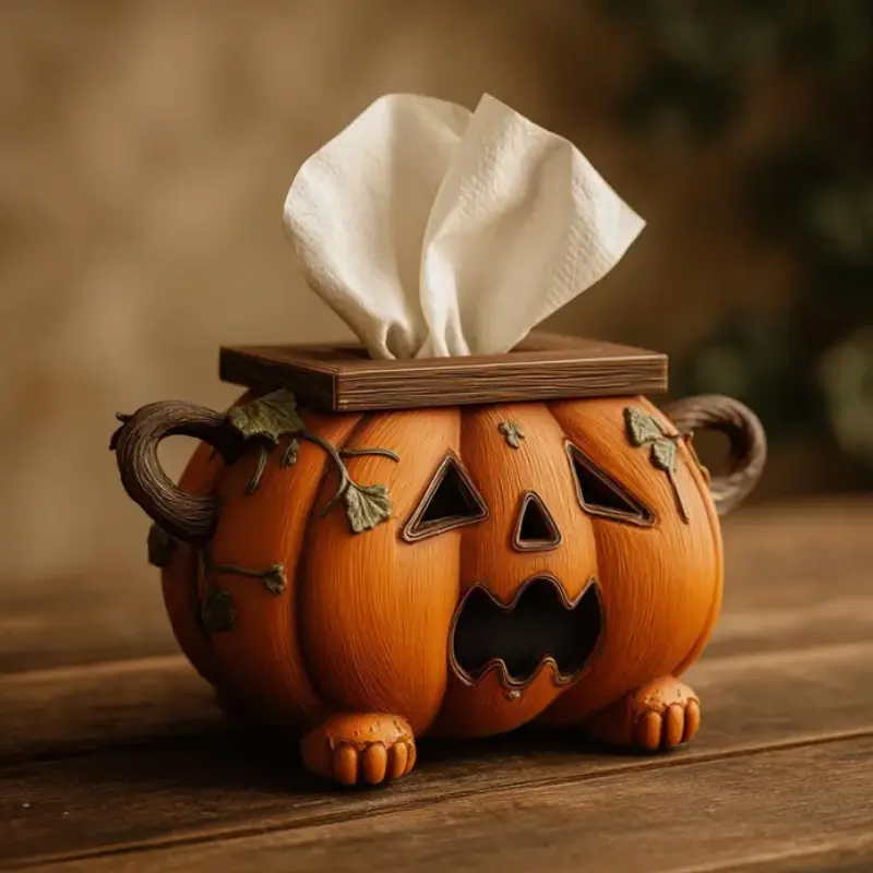 Halloween Resin Pumpkin Tissue Box Holder, Scary Jack-o'-lantern Napkin Dispenser Desktop Tabletop Ornament Fall Home Party Decor