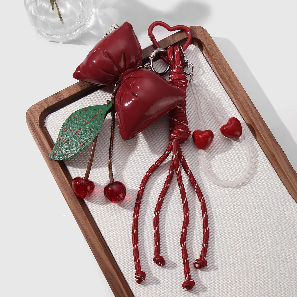 Vintage Red Cherry Motif Bow Bag Charm - Lightweight Woven Rope Heart Keychain with PU Leather, Metal Clasp, Sweet Backpack Pendant, Ideal Gift, Lightweight Charm