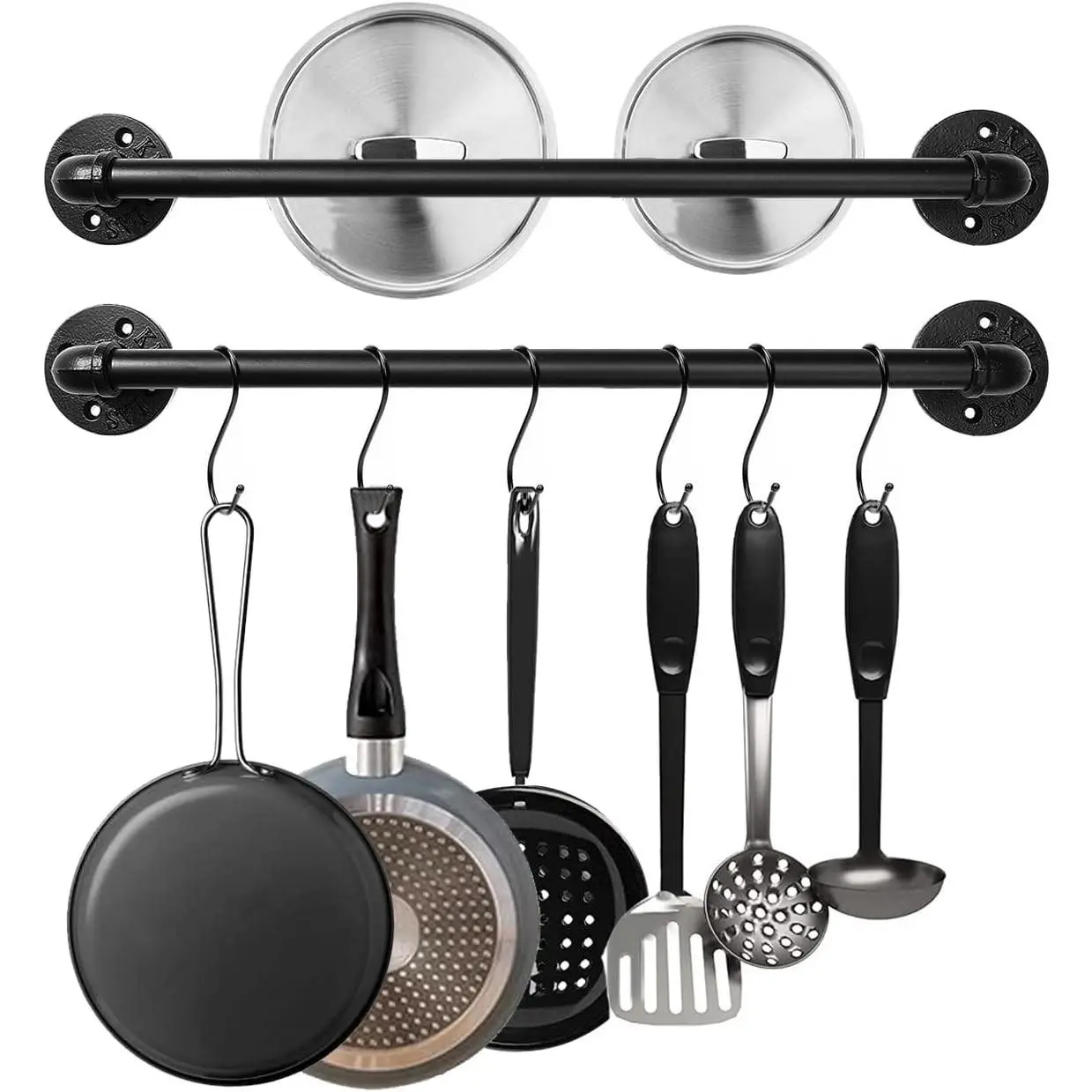 Industrial Pipe Pot Pan Rack 21-inch (2 Pack), Wall Mount Pot Hangers Pan Hanging Rail Lid Hanger for Kitchen with 10 S Hooks