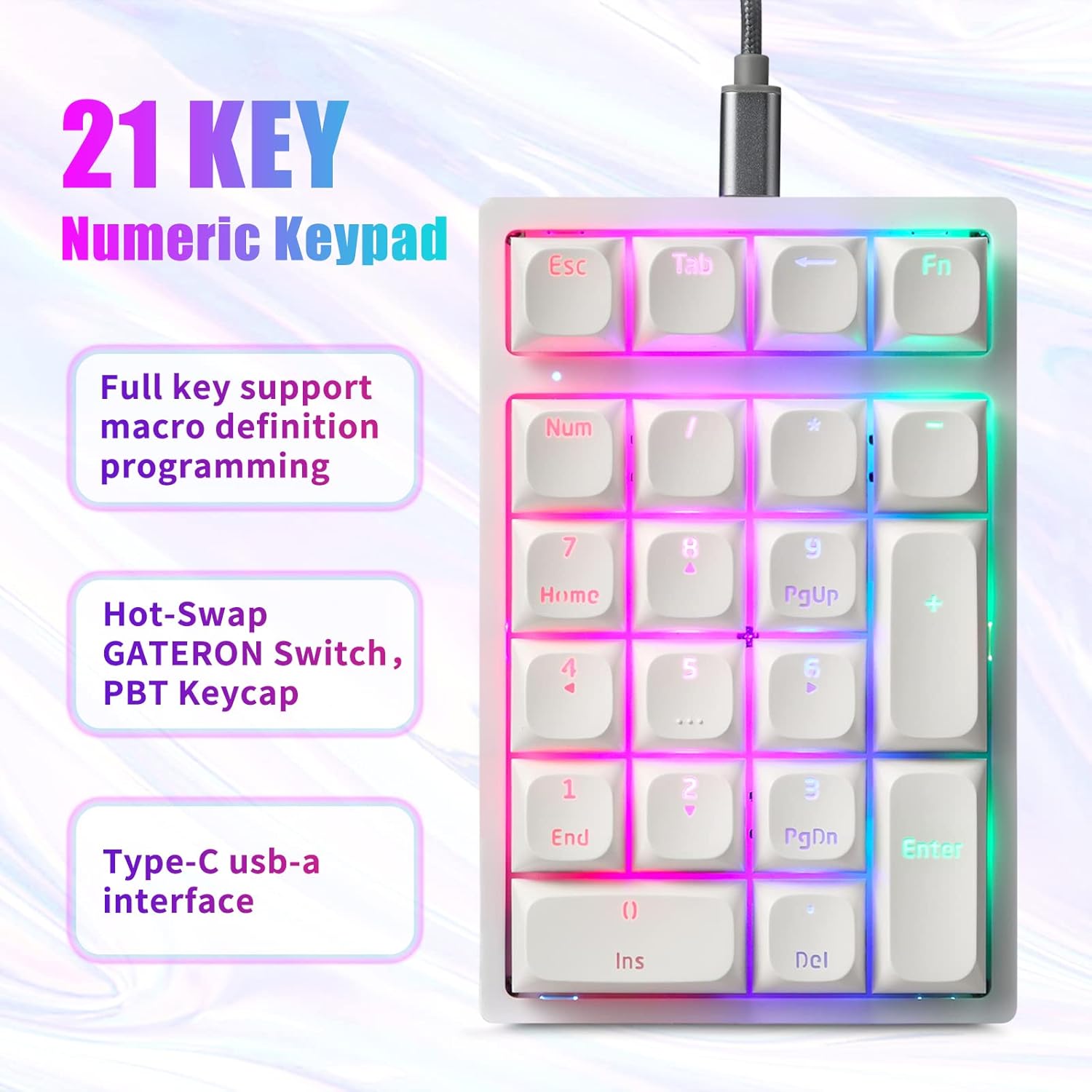 Mechanical Numeric Keypad Hot-Swap Red axis Wired Gaming RGB Backlit PBT Keycap 21  Mini Numpad Portable Keypad Extended Layout(Red axis)