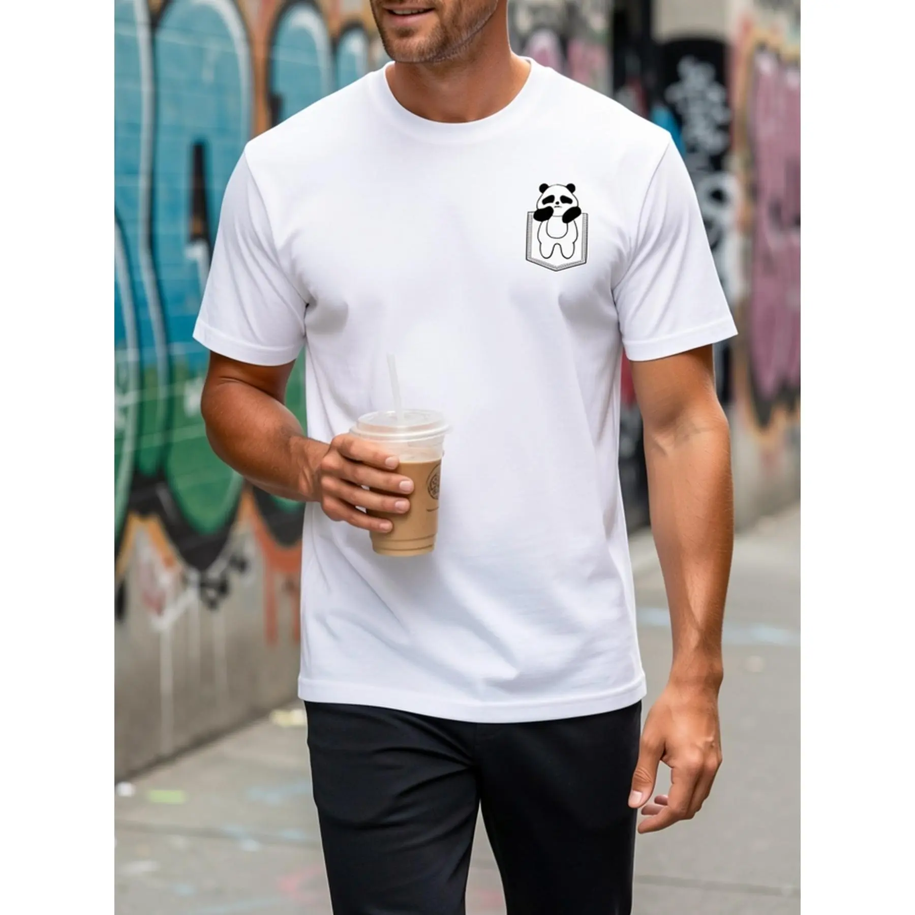 100% Cotton Men Round Neck Short Sleeve T-Shirt, Cute Pocket Panda Chest Print White Loose Casual Tee, Minimalist Streetwear Soft Breathable Summer Daily Top Gift
