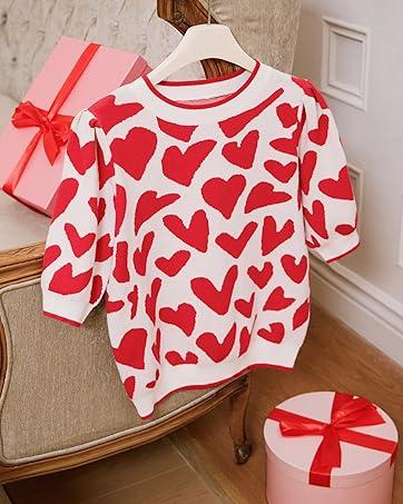 Saodimallsu Womens Oversized Heart Cardigan Color Block V Neck Button Long Sleeve Chunky Valentines Sweaters with Two Pockets & Contrast Trim