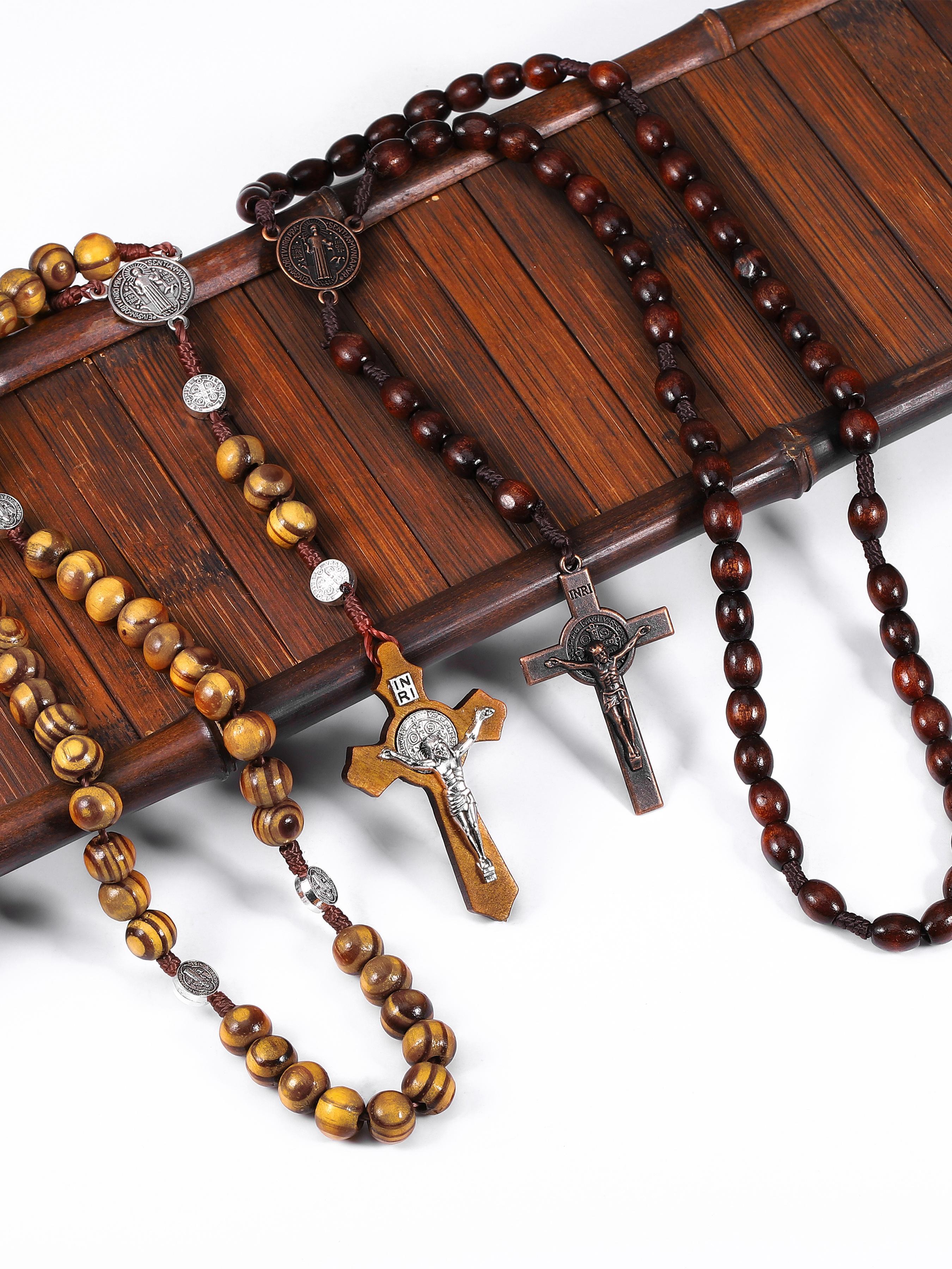 Vintage Wooden Beaded Rosary Necklace, Cross Pendant Necklace for Men & Women, Fashion Jewelry for Party, Daily Decor, Trendy All-match & Exquisite Jewelry for Birthday Gift, Cross Charm Necklace, Dainty Cross Necklace