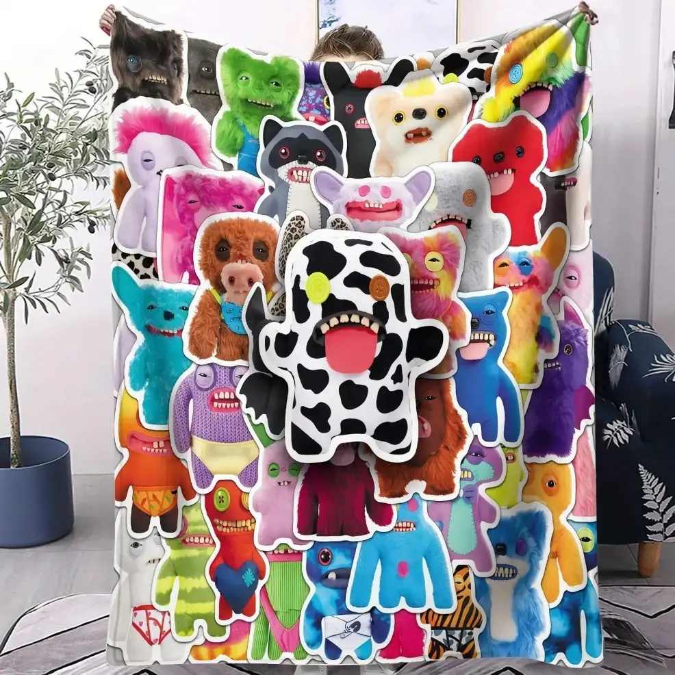 "Adorable Tooth Monster" Series Single-Sided Printed Flannel Throw Blanket, Warm Comfortable Blanket for Adults & Baby, Family Sofa & Office Nap Blanket, All Season Use, Perfect Holiday Gift for Family and Friends birthday gift