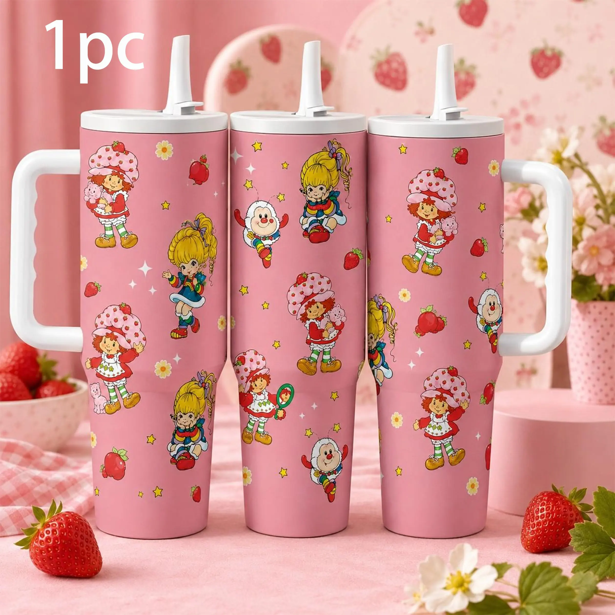 Strawberry Shortcake Rainbow Brite 40oz Tumbler, Cute Cartoon Cup with Handle Lid Straw, Retro Travel Mug Gift for Kids