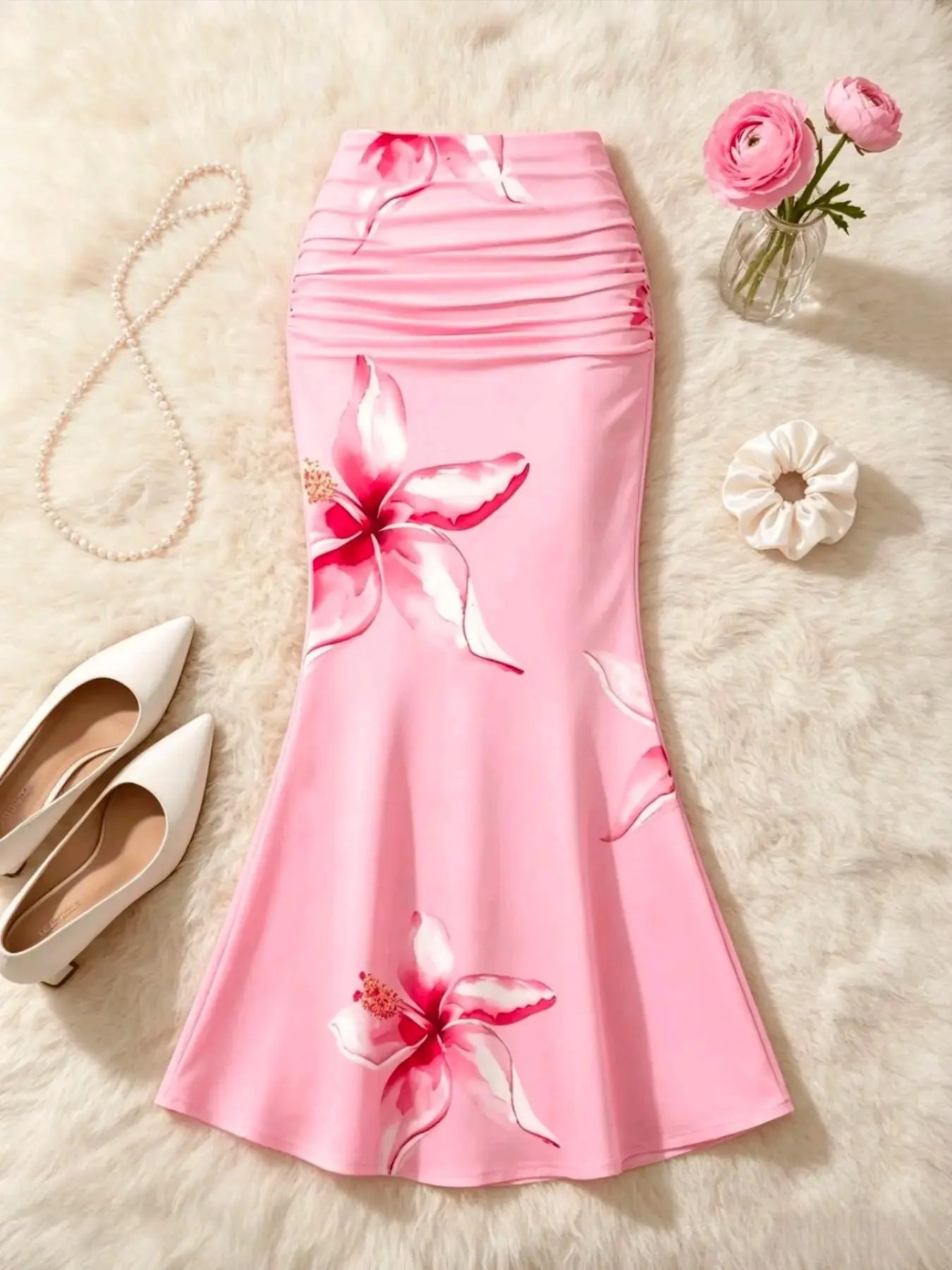 High-Waisted Sexy Bodycon Floral Fish Tail Bell Bottom Women's Skirt, Elegant and Trendy Design, Perfect for Parties and Special Occasions