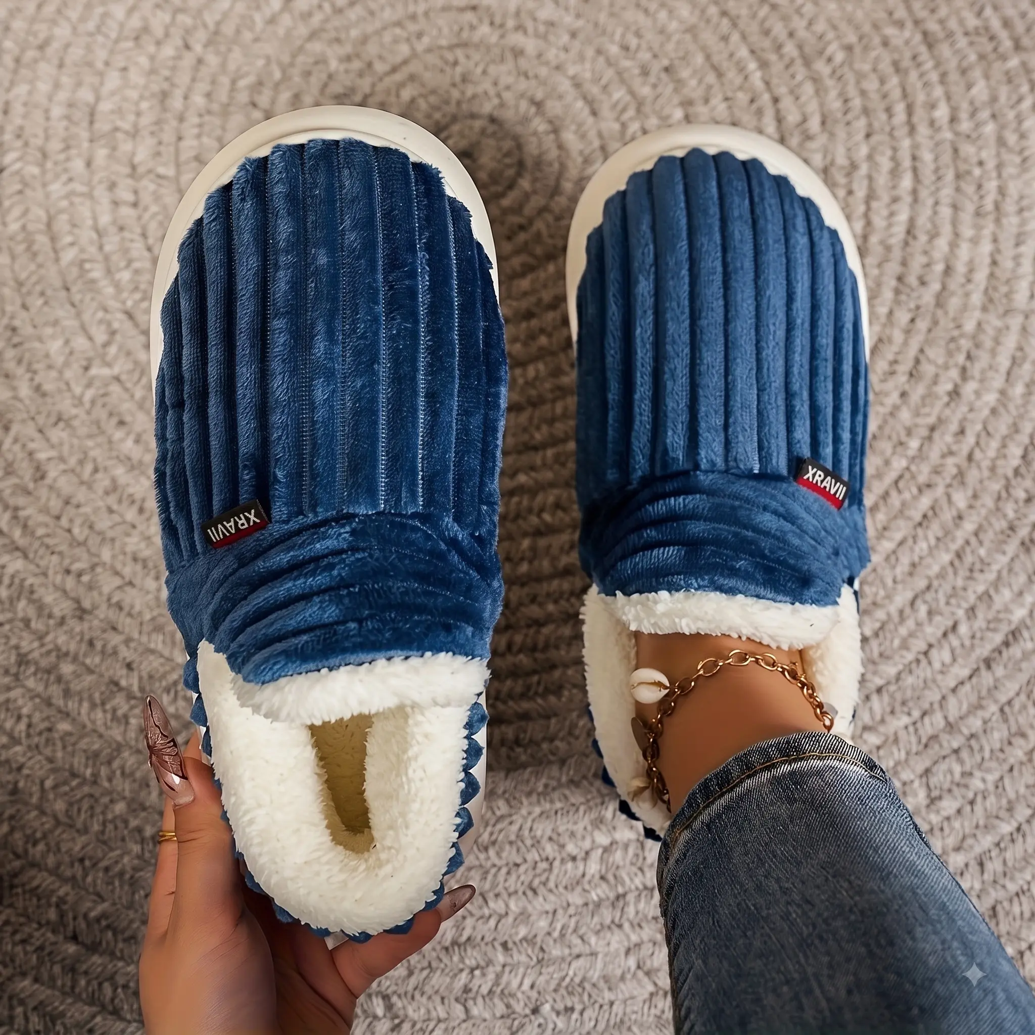 XRAVII Ultra-Cozy Corduroy Plush Slippers - Warm Fleece Lined Slip-On Clogs for Indoor & Outdoor