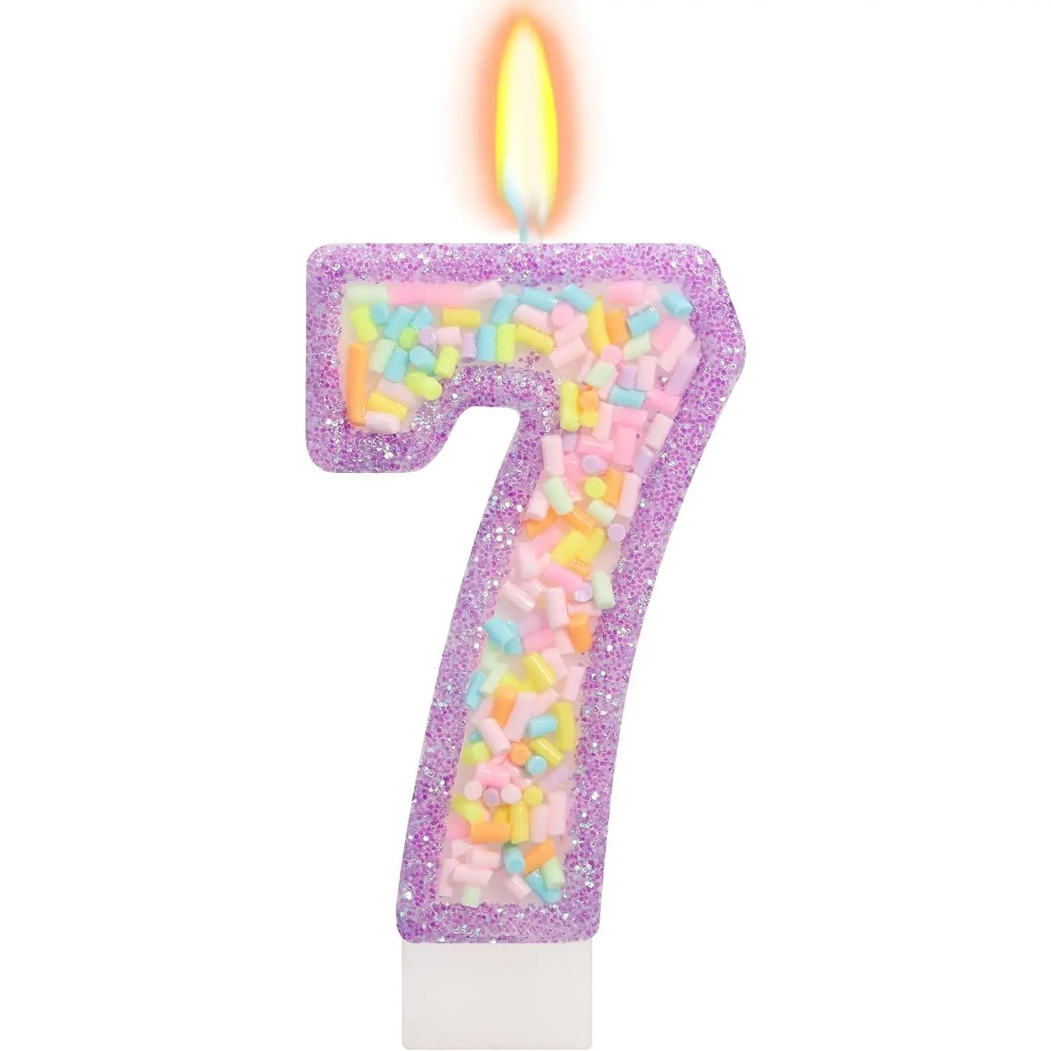 7th Birthday Candle with Sprinkles, Pastel Purple Unicorn Rainbow Cake Topper, Sweet Candyland Party Decorations for Girls