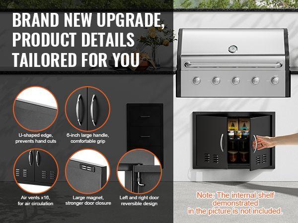 BBQ Access Door, 30W x 21H Inch Double Outdoor Kitchen Door, Cold Plate Flush Mount Door, Wall Vertical Door with Handles and Ventss, for BBQ Island, Grilling Station, Outside Cabinet
