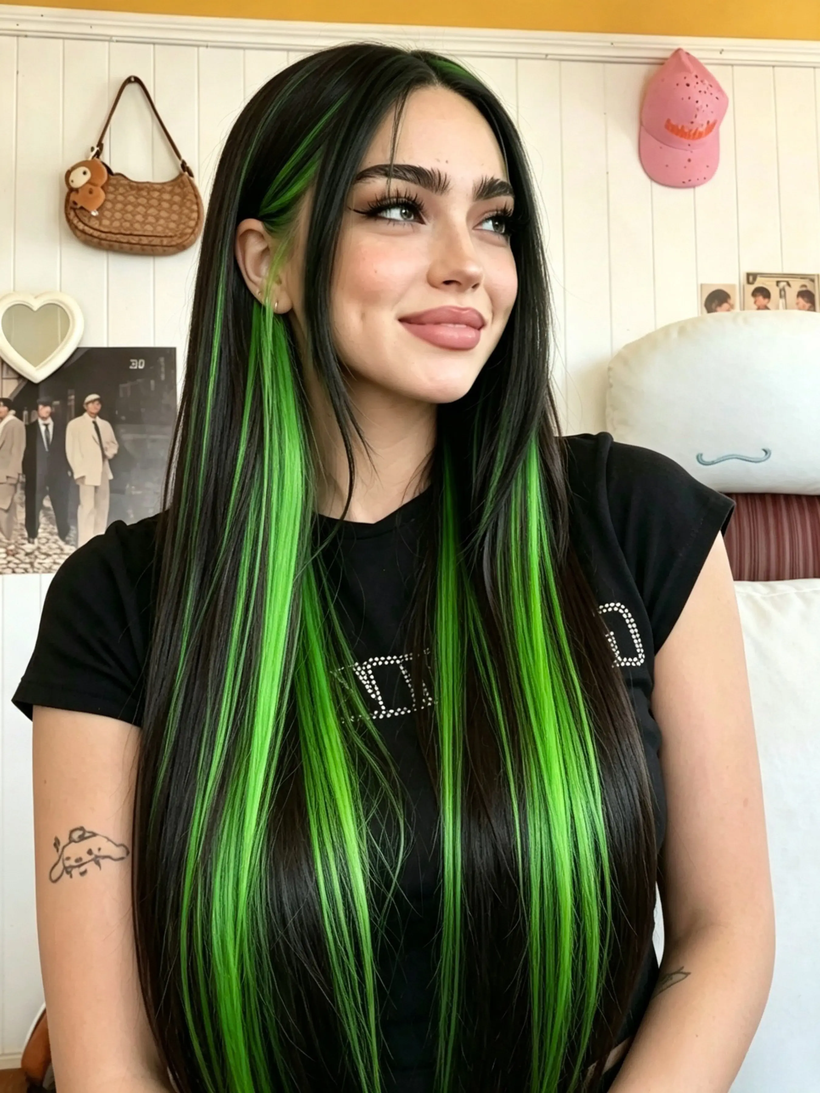 Black Green Highlight Wig 13x4 Lace Front Wig Free Part Straight Wig Pre Plucked Natural Hairline Heat-Resistant Synthetic Wig Concert Look Straight Wig Music Festival Look Lace Frontal Wigs for Women Daily Wear Festival Party 28 Inches