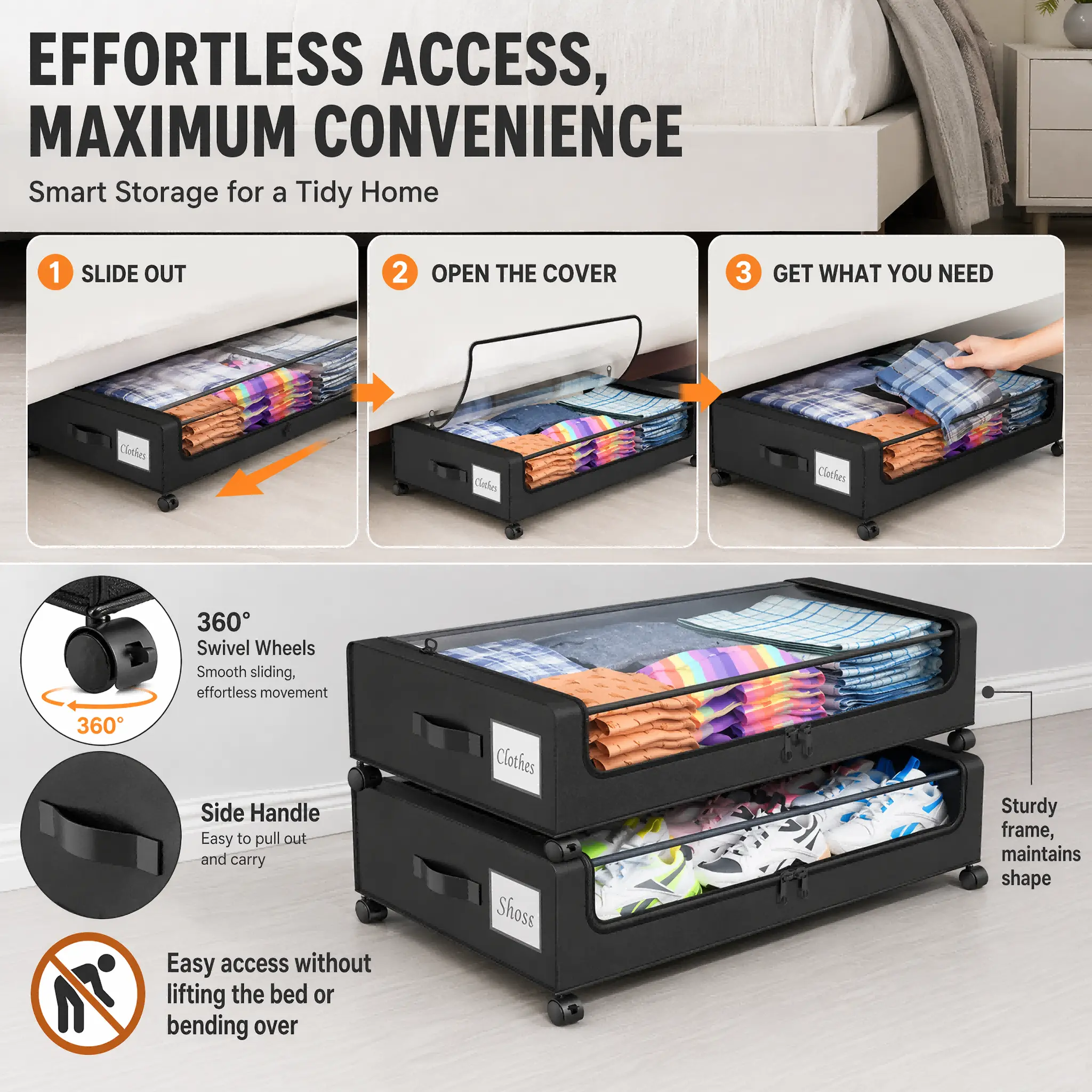 1 Pack & 2 Pack Optional Under Bed Storage Bin with Wheels & Flip Clear Lid, Low Profile Clothes Shoe Organizer Container with Handle & Label Slot, Available in Black and Gray