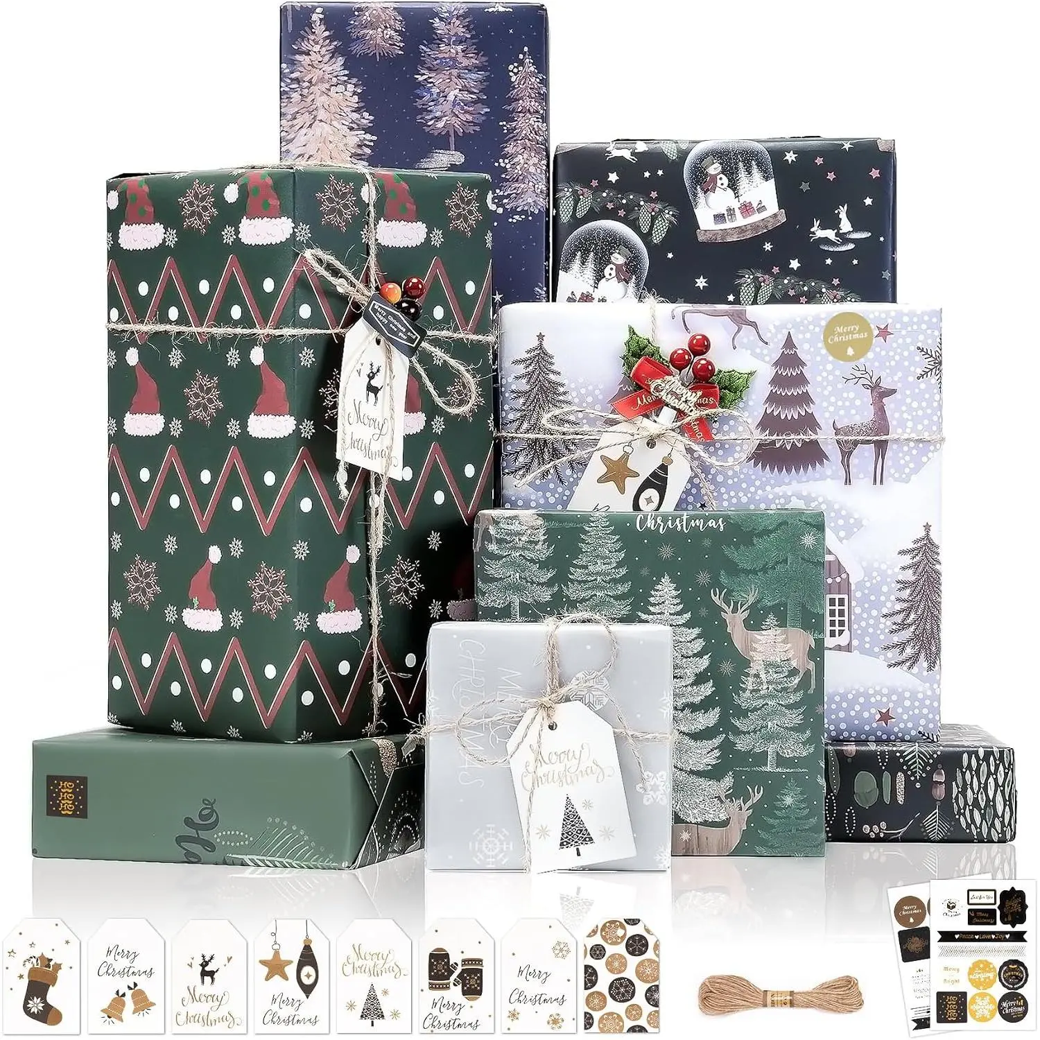 Christmas Wrapping Paper, 8 Sheets Pine Snowflakes  Wrapping Paper w/ Tag Ribbons Stickers, Xmas Thick   Wraps Set for Christmas  Year Holiday Birthday Party,27.6x19.7in