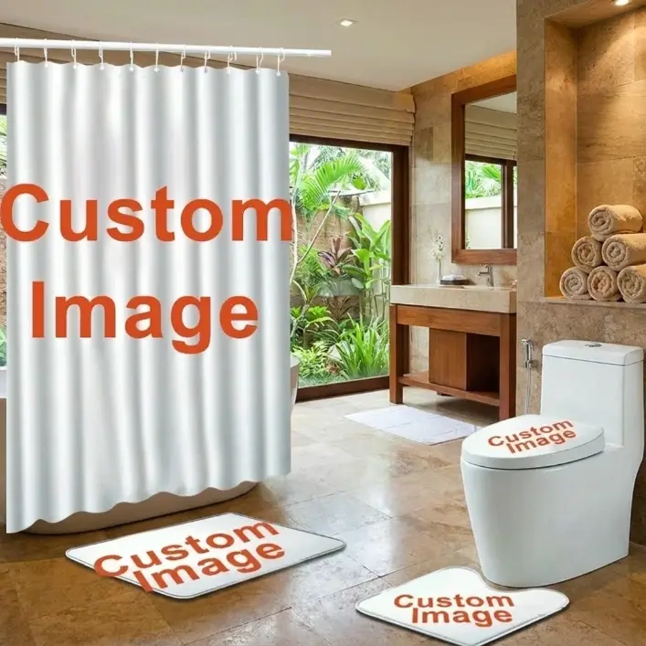 4-piece Custom-designed  bathroom set | Personalizedshower decorationI Custom shower curtain mat, base, andtoilet cover