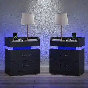 Modern LED Nightstand Set Of 2, Night Stands Built-In Charging Station With USB LED Light Strip, Large 2-Drawer Storage Side Table In White Black Grey For Bedroom & Living Room