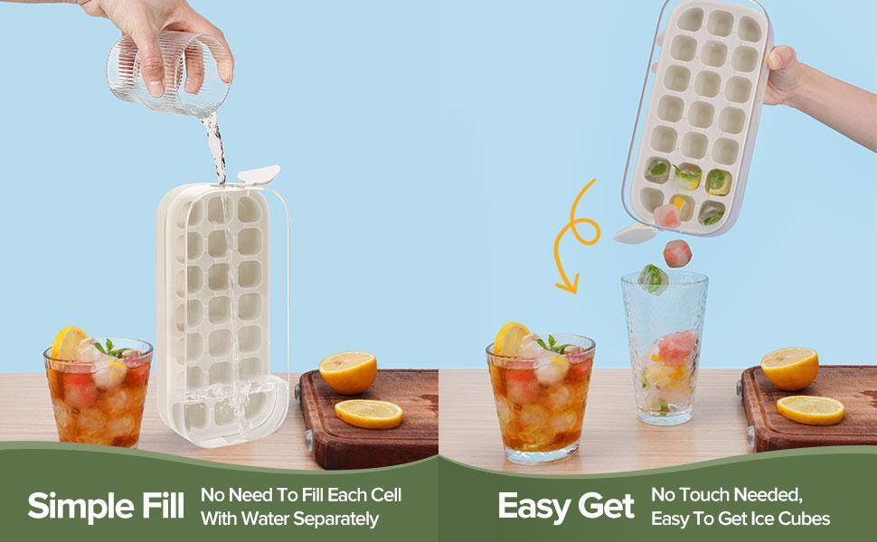 Ice Cube Tray with Lid and Bin 21 Pcs Quick-Fill Ice Cube Mold For Freezer Easy Press to Release White No-Touch Ice Cube Trays