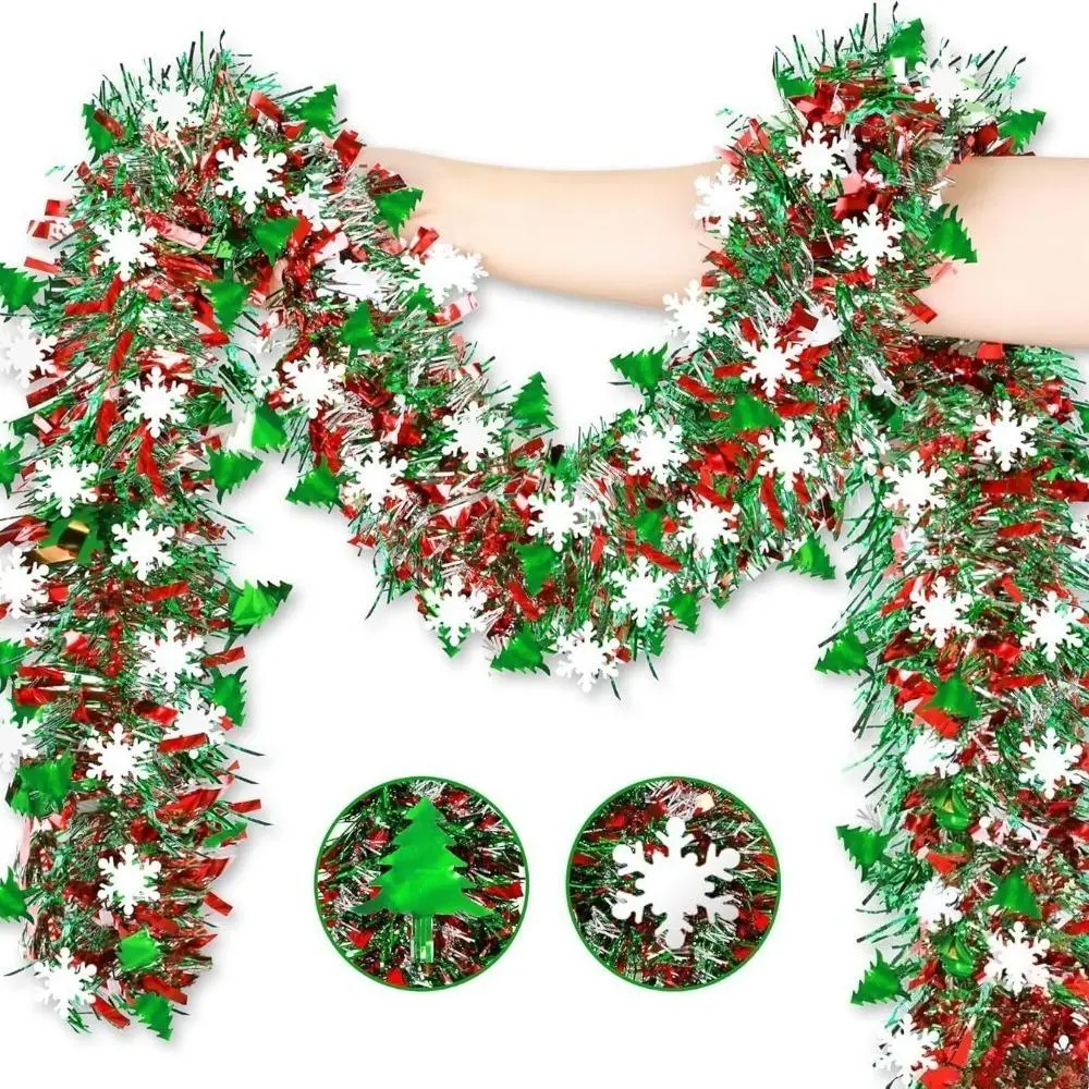 2M New Christmas Tinsel Garland with White Snowflake Design, Shiny Xmas Foil Streamers, Flexible Festive Ribbon Ornament, Ideal Decor For Christmas Tree Wrapping & Holiday Party Scene Layout, Classical Glam, Flexible Wrap, Holiday Events, Reflective Foil