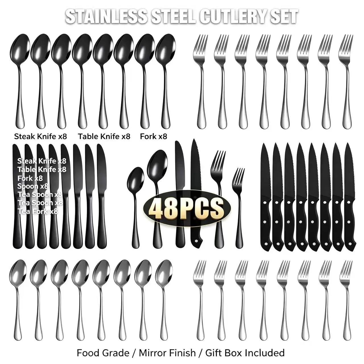 Luxury Stainless Steel Western Cutlery Set 48 Pieces, Knife Fork Spoon Gift Box, Home Party Full Set, Elegant Dining Essentials