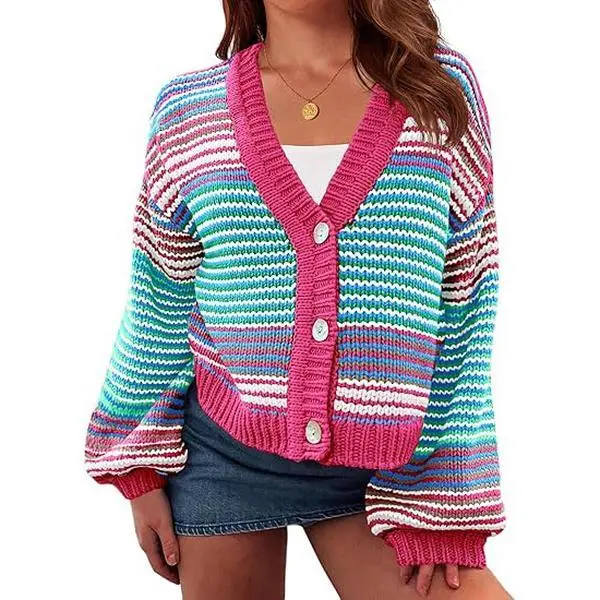 Imily Bela Womens Striped Cardigan Sweaters Oversized Puff Sleeve Button Up V Neck Color Block Knit Sweater Coat