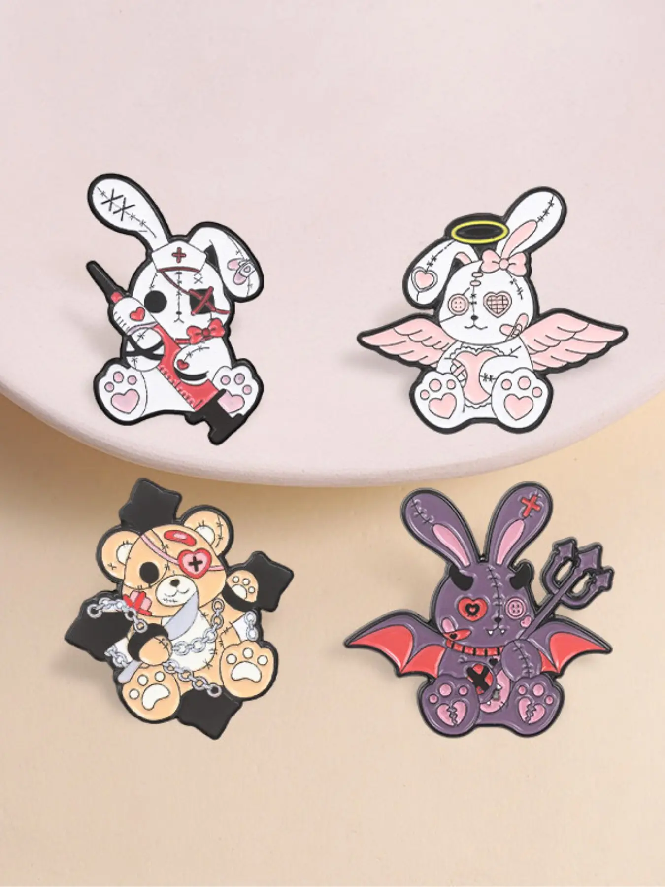 4pcs Gothic Voodoo Doll Enamel Pins Set, Broken Stitched Bear Devil Nurse Angel Rabbit, Lapel Brooch Alt Aesthetic Gift, Alloy Brooch Pin