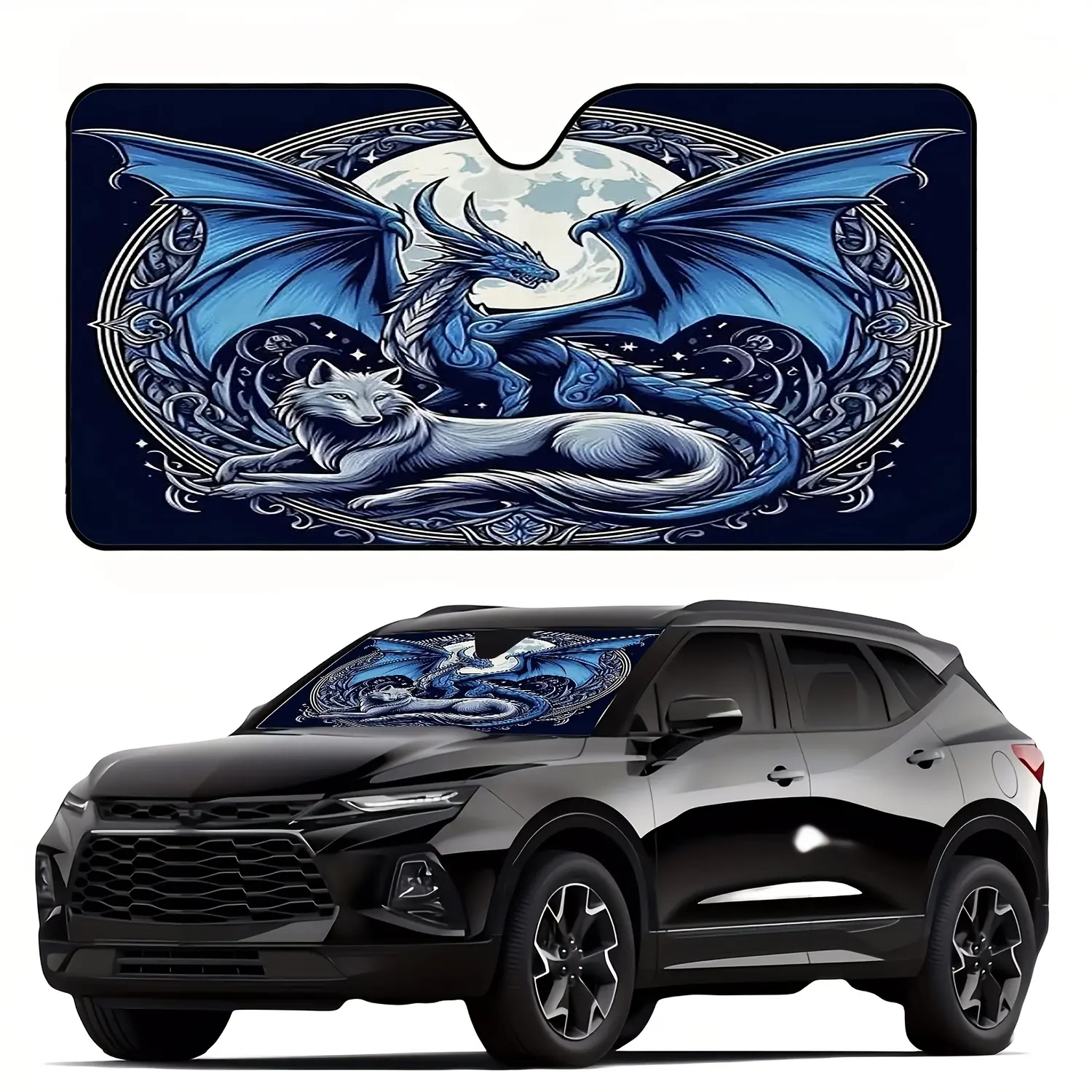 1pc, Fantasy Style Dragon and Wolf Pattern Car Windshield Sun Shade, Mysterious Moonlit Night Print, UV Protection, Stylish Design, Easy to Install, Foldable for Convenient Storage, Keeps Your Vehicle Cool, Perfect for Cars, SUVs, and Trucks