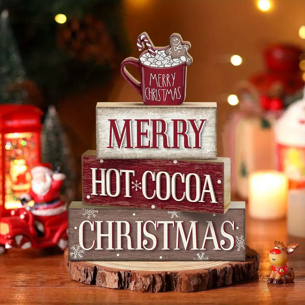 4-Piece Rustic Christmas Table Centerpieces, Tiered Tray Decor, Beautiful Year-Round Seasonal Decor, Block Sign Gifts for Farmhouse Winter Table Decor, Perfect Keepsakes for Baby's First Christmas