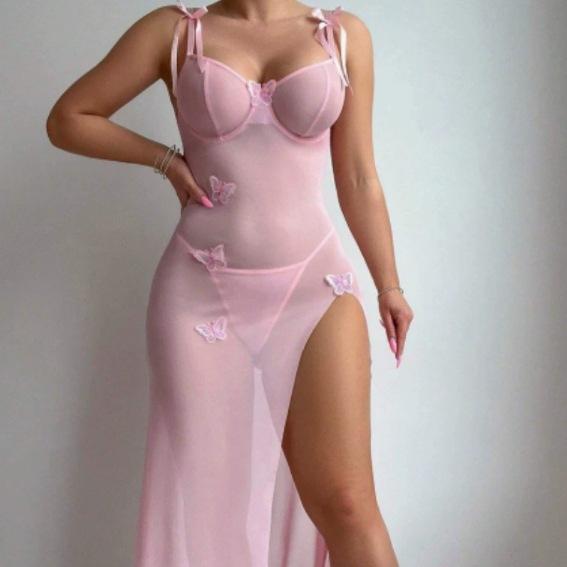 Summer Sexy Sheer Long Dress Tempting Lace High Slit Mesh Dress Casual Womenswear Basic Minimalist Sleeveless Sky Blue Spaghetti Strap anna  woodz  coachella  outfit Formal