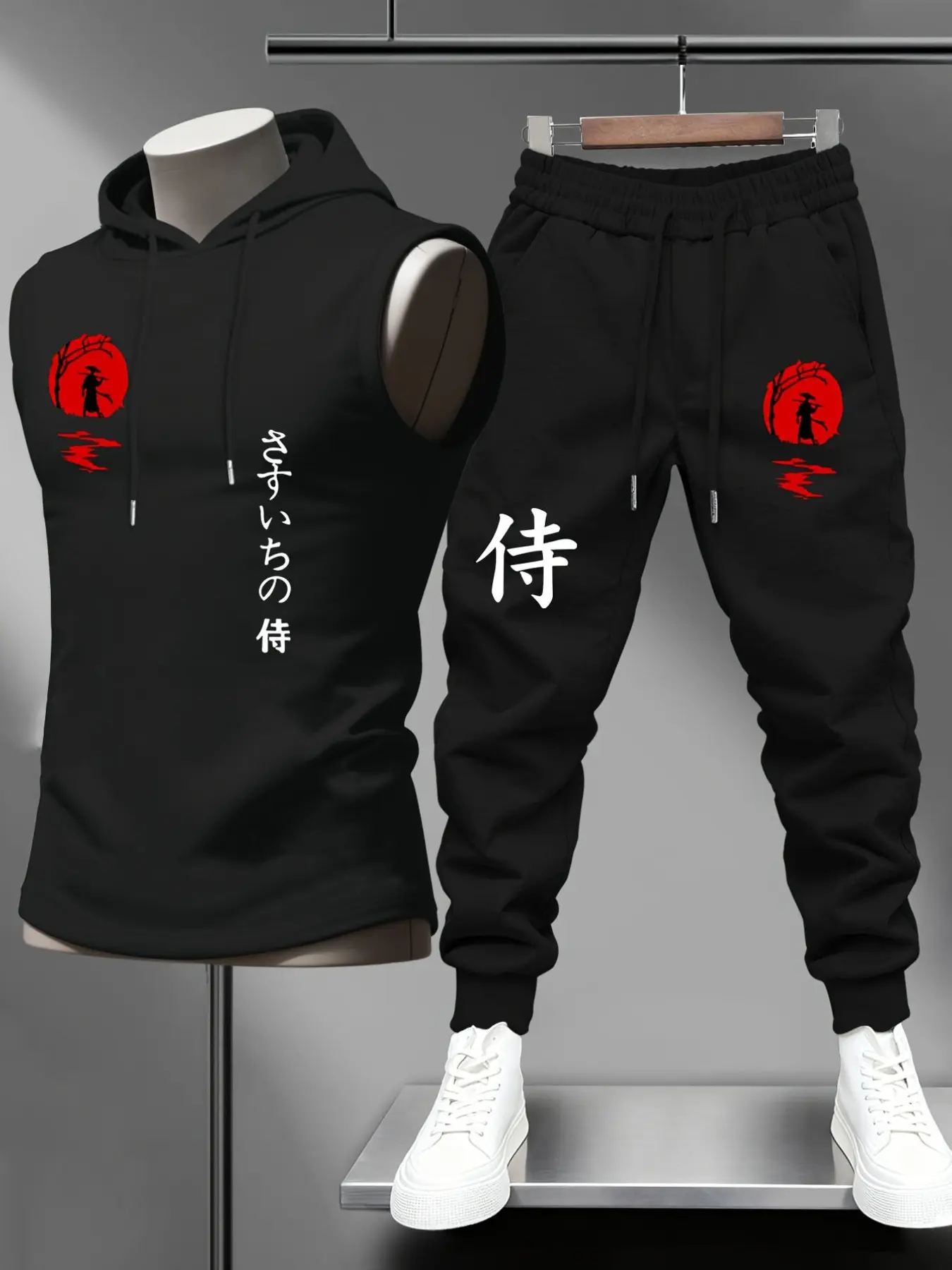 Men's Japanese Samurai Sunset Print Sleeveless Hoodie Jogger Pants 2 Piece Asian Style Tracksuit Set