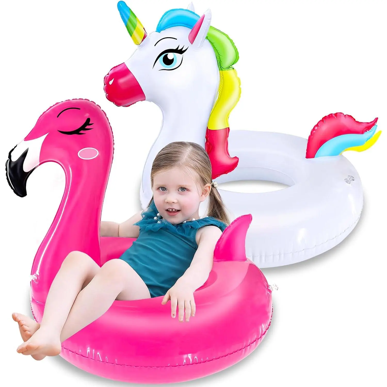 2 Pack Inflatable Flamingo Unicorn Pool Floats for Kids 3-8 Years - Fun Floaties Swimming Pool Tubes Party Decorations, Summer Vacation Beach Swim Rings Lounger for Boys Girls