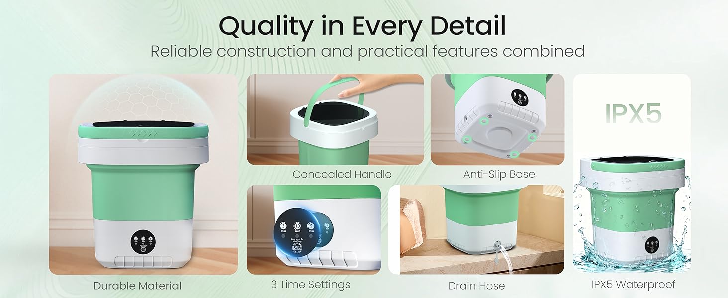 Portable Washing Machine - 16L Mini Foldable Washer with Spin Basket, 3 Cleaning Modes & Deep Cleaning for Small Clothes, Collapsible Laundry for Apartment, Home, Hotel and Travel (Green)
