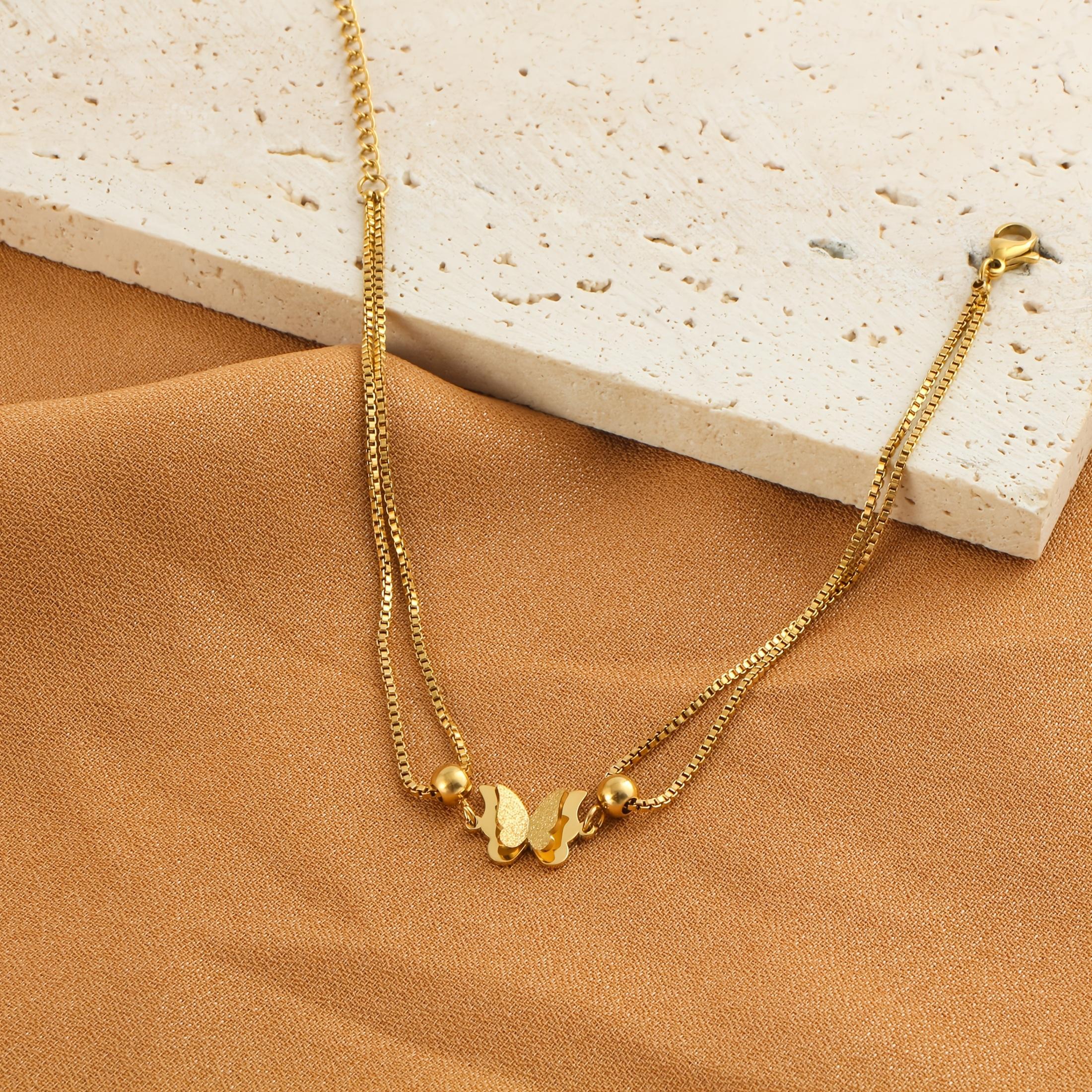 Double Layer Butterfly Anklet for Women – Hypoallergenic Stainless Steel Gold & Silver Tone Chain, Cute Trendy Foot Jewelry for Beach, Vacation, Party & Everyday Summer Outfit
