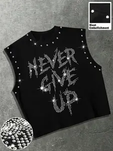 Summer Casual Letter Rhinestone Sleeveless Vest, Rivet Decor Street Style Round Neck Top, Gym Fitness & Daily Wear, Fashion Trendy & Comfortable