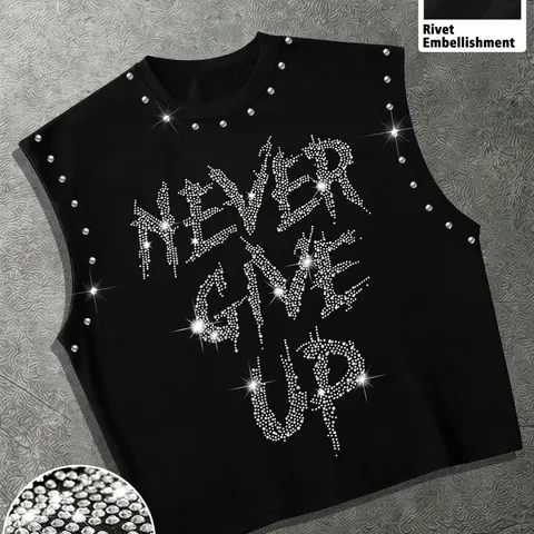 Summer Casual Letter Rhinestone Sleeveless Vest, Rivet Decor Street Style Round Neck Top, Gym Fitness & Daily Wear, Fashion Trendy & Comfortable, Streetwear Tank Top