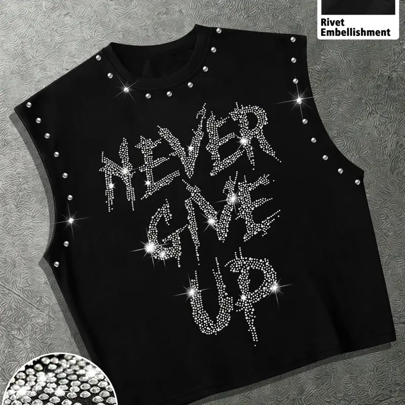 Summer Casual Letter Rhinestone Sleeveless Vest, Rivet Decor Street Style Round Neck Top, Gym Fitness & Daily Wear, Fashion Trendy & Comfortable, Streetwear Tank Top