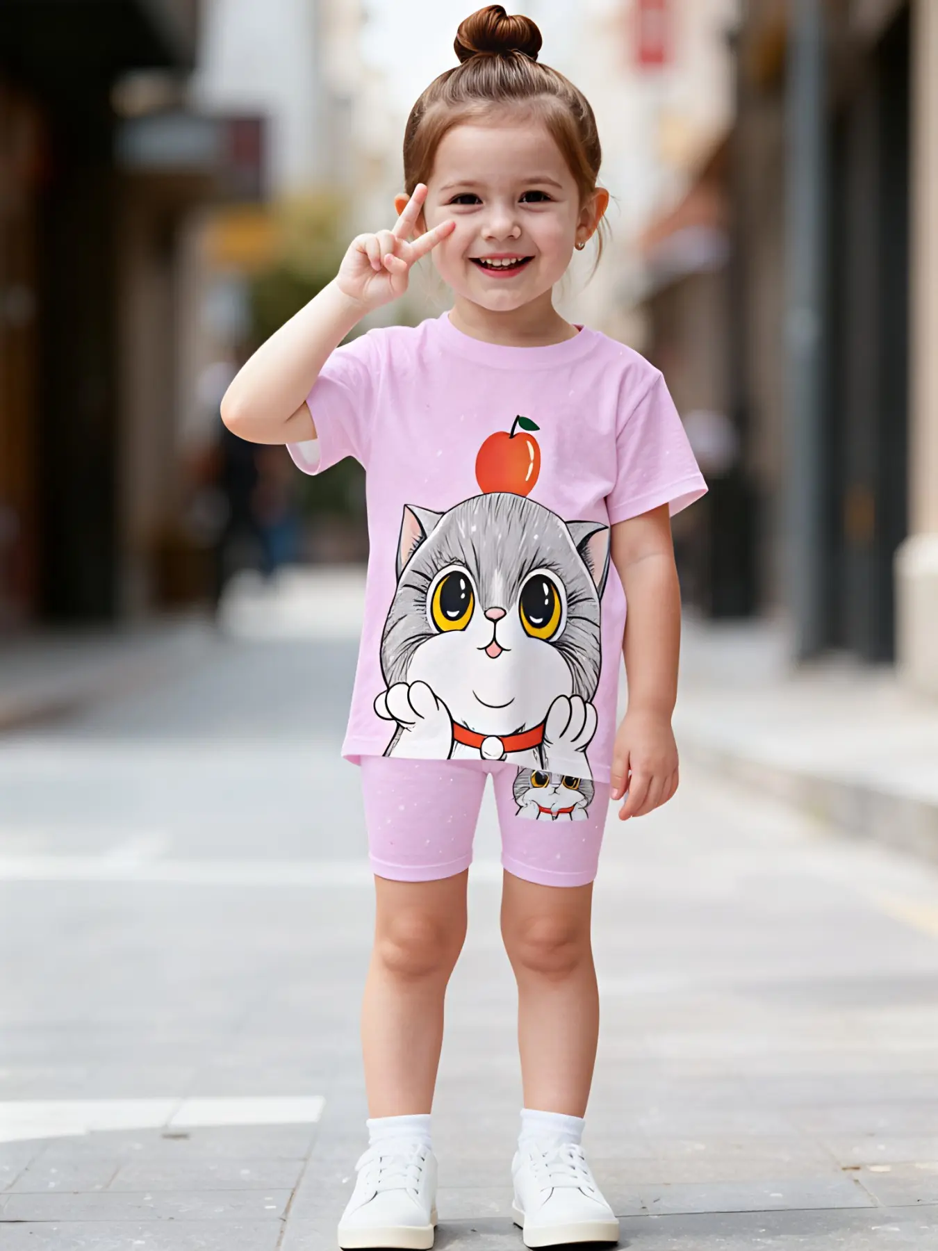 Cheerful and playful style. Pink cat two-piece set for girls ages 3-12, made of highly stretchy and breathable fabric, featuring a cartoon cat print paired with matching shorts—perfect for lounging at home or short outings
