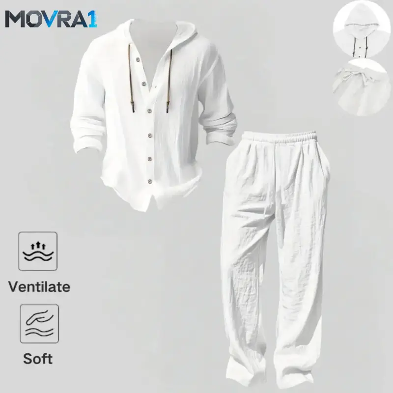 MOVRA1 Men's 2-Piece Linen Blend Plain Outerwear Set - Hooded Long-Sleeve Long-Length Top, Soft Breathable Loose Fit, Wide-Leg Pants, Casual Vacation Wear, Machine Washable