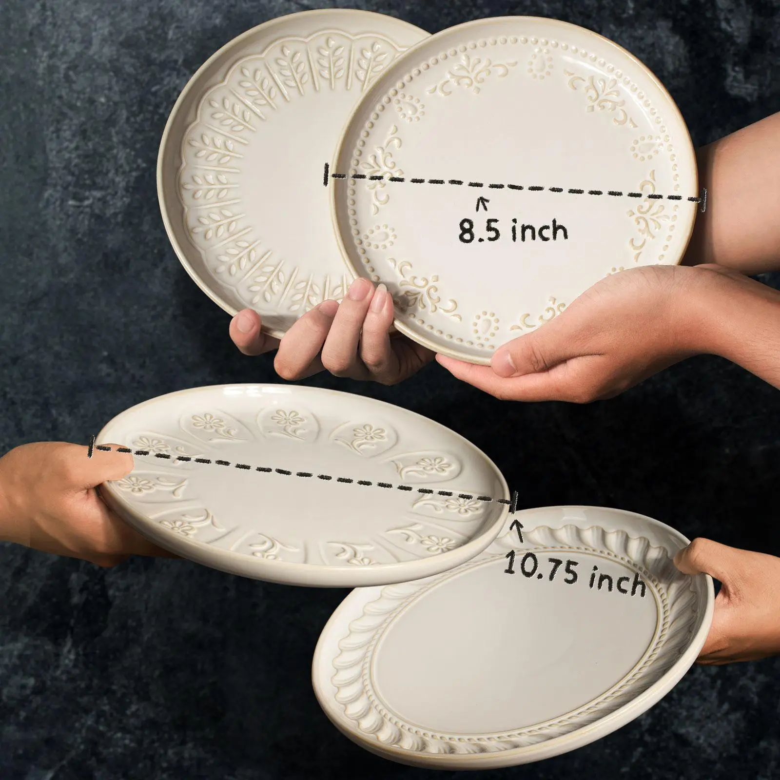 Artena Embossed Porcelain Flower Motif Plates - 2pc 8.5in Damask Dinner/Dessert Plates, Lipped Edges, Durable, Corrosion-Resistant, Microwave/Dishwasher-Safe, Stackable (10.75in Size Available), Ceramic