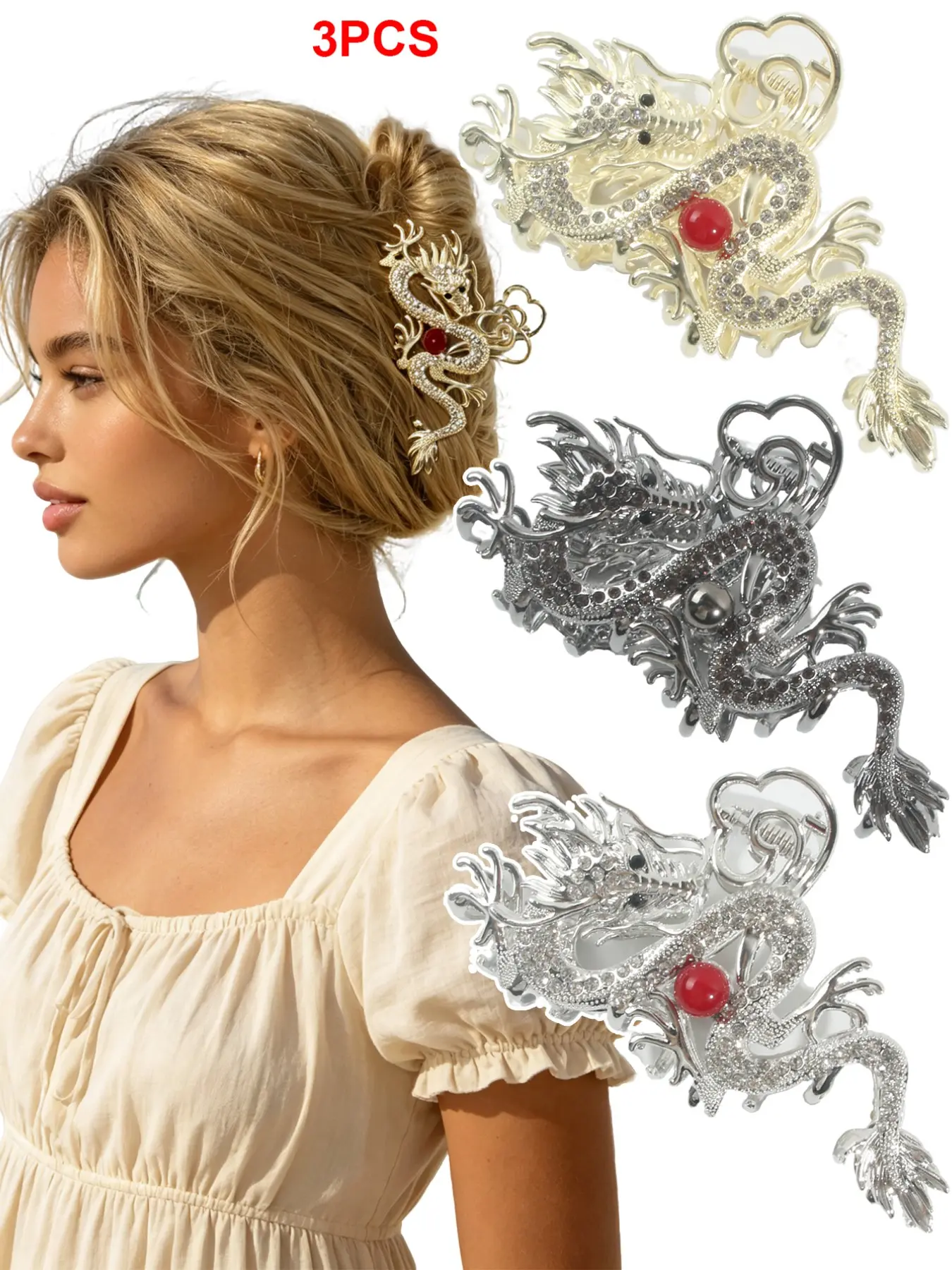 3pcs Fashionable Metal Rhinestone Dragon Hair Clips, Rhinestone Hair Accessories, Elegant Back Brain Daily Bun Shark Clip, Ocean Style Party Travel Home Office Gift