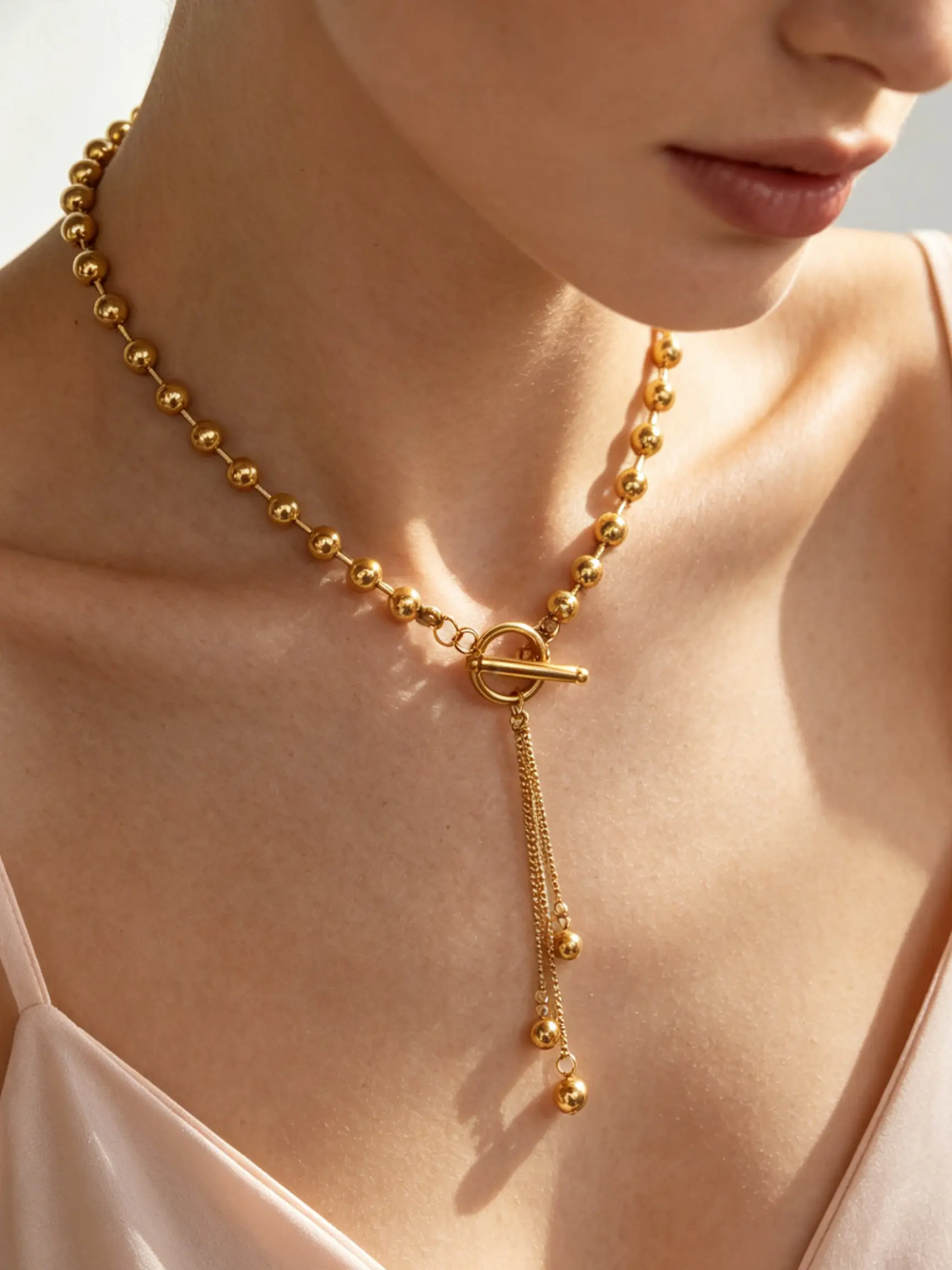 6mm Bead Ot Clasp Bell Necklace, Fashionable Casual Style, Stainless Steel Chain, Perfect for Daily Wear, Women's Jewelry
