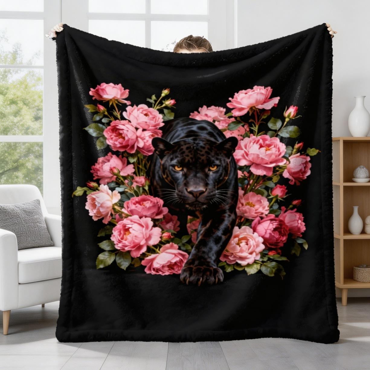 Black Panther Pink Peony Flannel Blanket, Ultra Soft Floral Animal Throw Blanket, Warm Cozy Lightweight Sofa Couch Bedroom Decor, Unique Gift