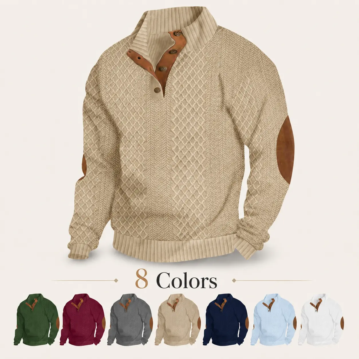 Men’s Jacquard Knit Pullover Sweater, Mock Neck Henley Button Long Sleeve Top with Elbow Patches, Fall Winter Business Casual Clothing for Men