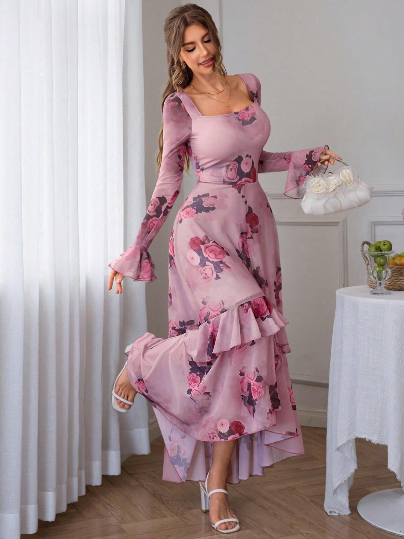 Women's Leopard Print Ruffle Trim Fitted Milkmaid Dress, Elegant Fashion Casual Square Neck Long Sleeve Flared Dress for Ladies, Suitable for Daily Outdoor Wear and All Seasons