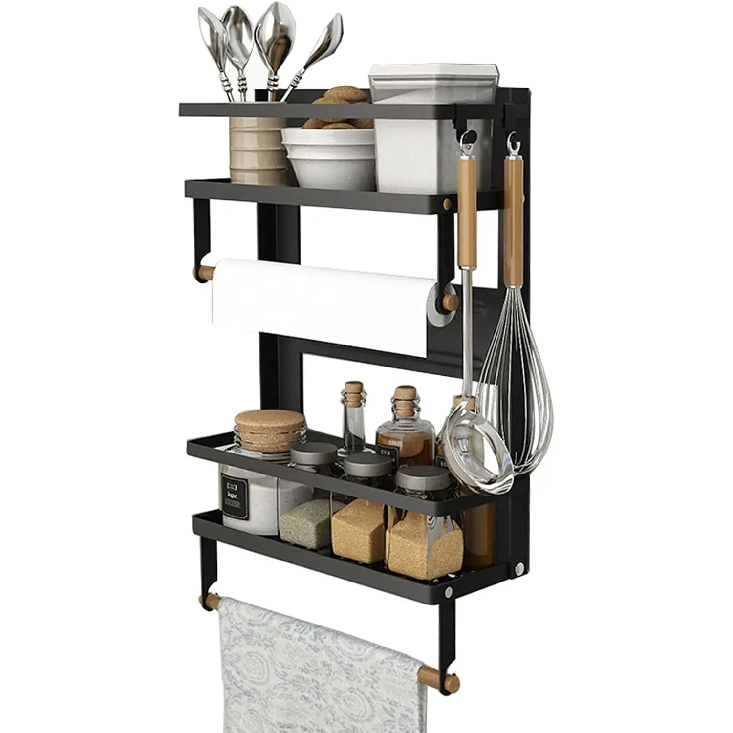 Rack,4 Tier Kitchen  Shelf for Refrigerator Fridge Organizer with 2 Paper Towel Holders and 5 Removable Hooks,Matte Black