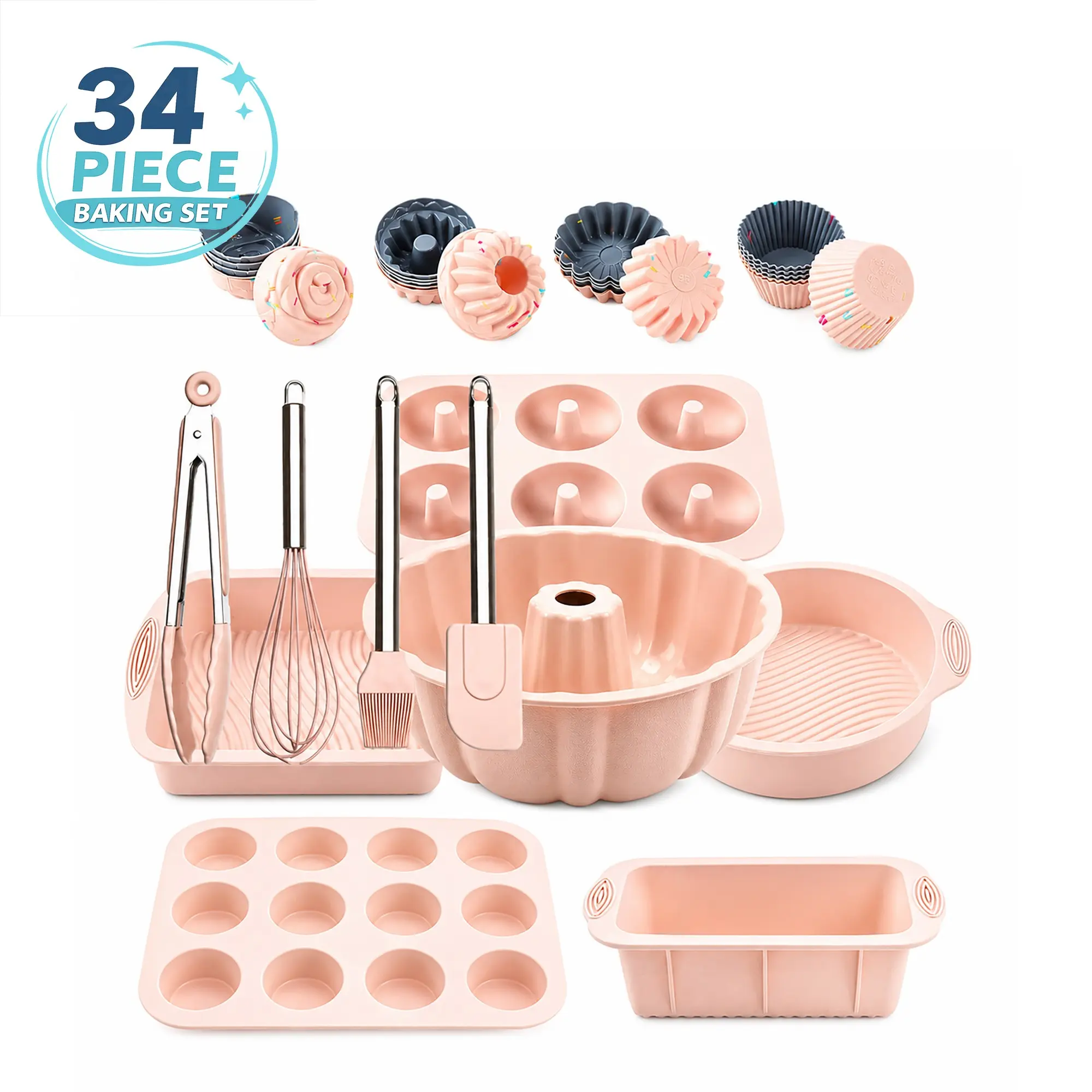 34PCS Silicone Baking Kit, Multi Shape Silicone Cake Molds Set with Round Mousse Mold, Square Cake Mold, Loaf Bread Mold, Donut Mold, Muffin Cups and Stainless Steel Handle Baking Tools for DIY Desserts and Home Baking Bakeware