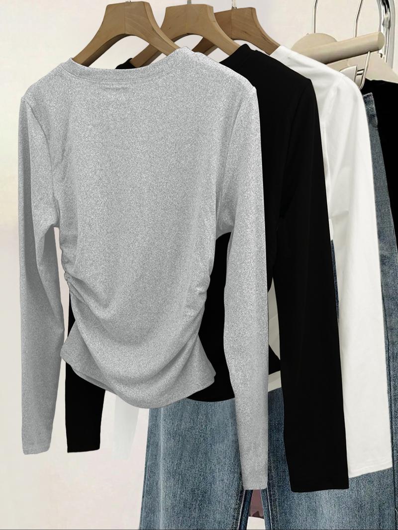 3pcs women's casual and fashionable slim fit small bow print details simple solid color pleated pullover shirt women's round neck long sleeved three piece T-shirt