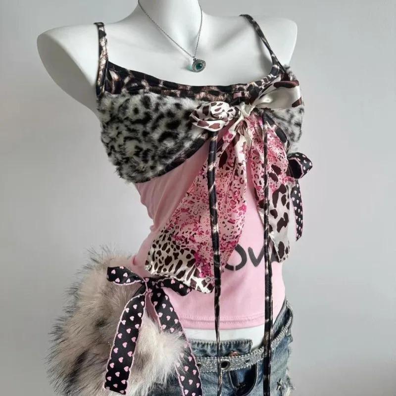 90s Harajuku Vintage Slim Camisole Subculture Leopard Patchwork Bow Halter Vest Y2K Aesthetic Letter Print Tanks Slim Women Tops