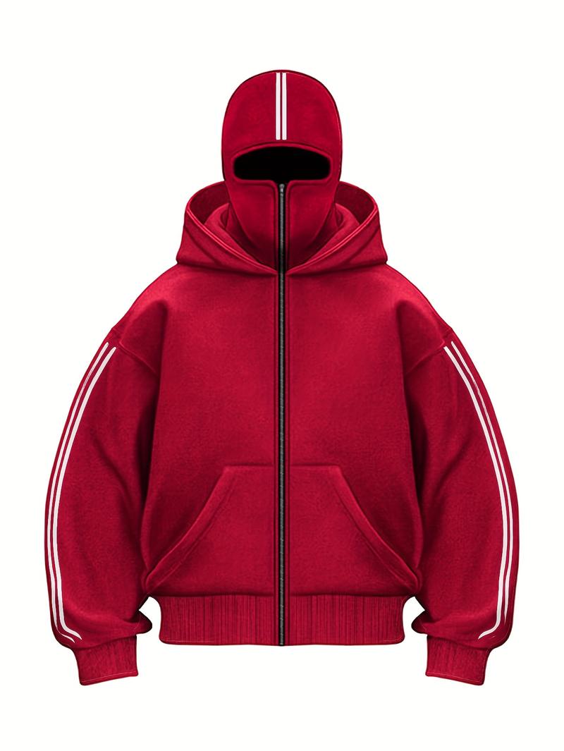 1pc TNZI men's full zipper windproof mask hoodie long-sleeved jacket versatile and fashionable urban style, with zippers and pockets - warm, windproof and durable, suitable for daily or outdoor autumn/winter wear